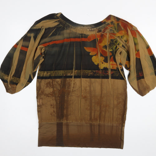 Vango Paris Women's Brown Floral Sheer Tunic Blouse L