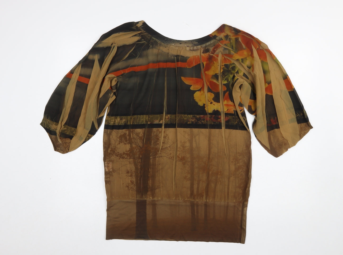 Vango Paris Women's Brown Floral Sheer Tunic Blouse L