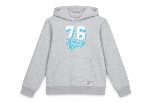 Front view of Domyos boys’ grey pullover hoodie 14 years athletic graphic print