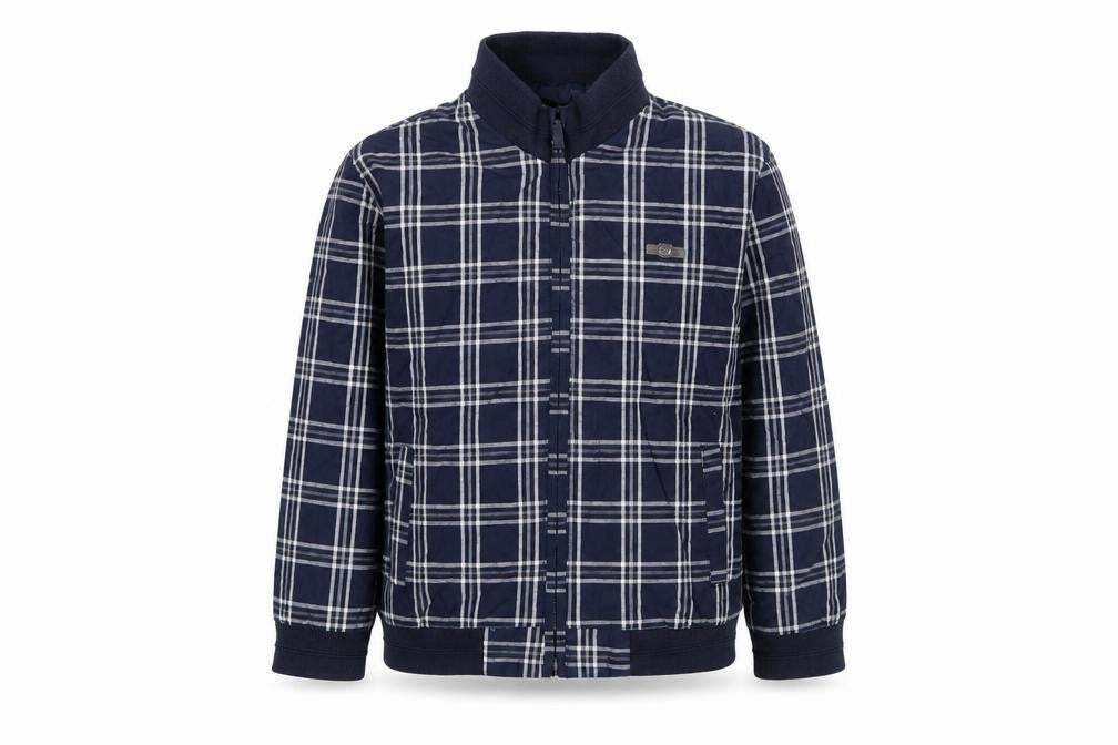 Front view of Mayoral Bros boys’ blue check reversible bomber jacket, size 5, years