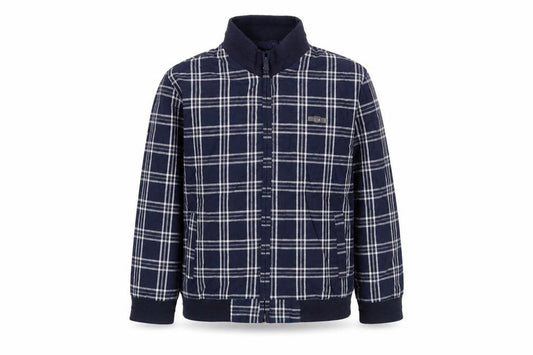Front view of Mayoral Bros boys’ blue check reversible bomber jacket, size 5, years