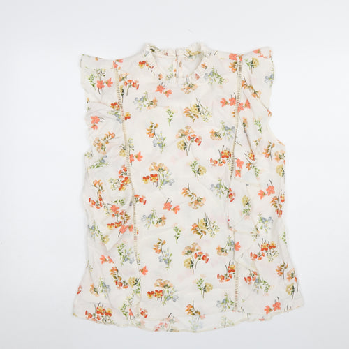 F&F Women Ivory Floral Sleeveless Ruffle Blouse Size 14