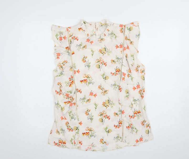 F&F Women Ivory Floral Sleeveless Ruffle Blouse Size 14