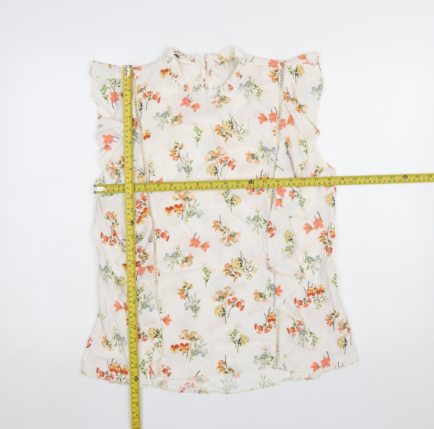 F&F Women Ivory Floral Sleeveless Ruffle Blouse Size 14
