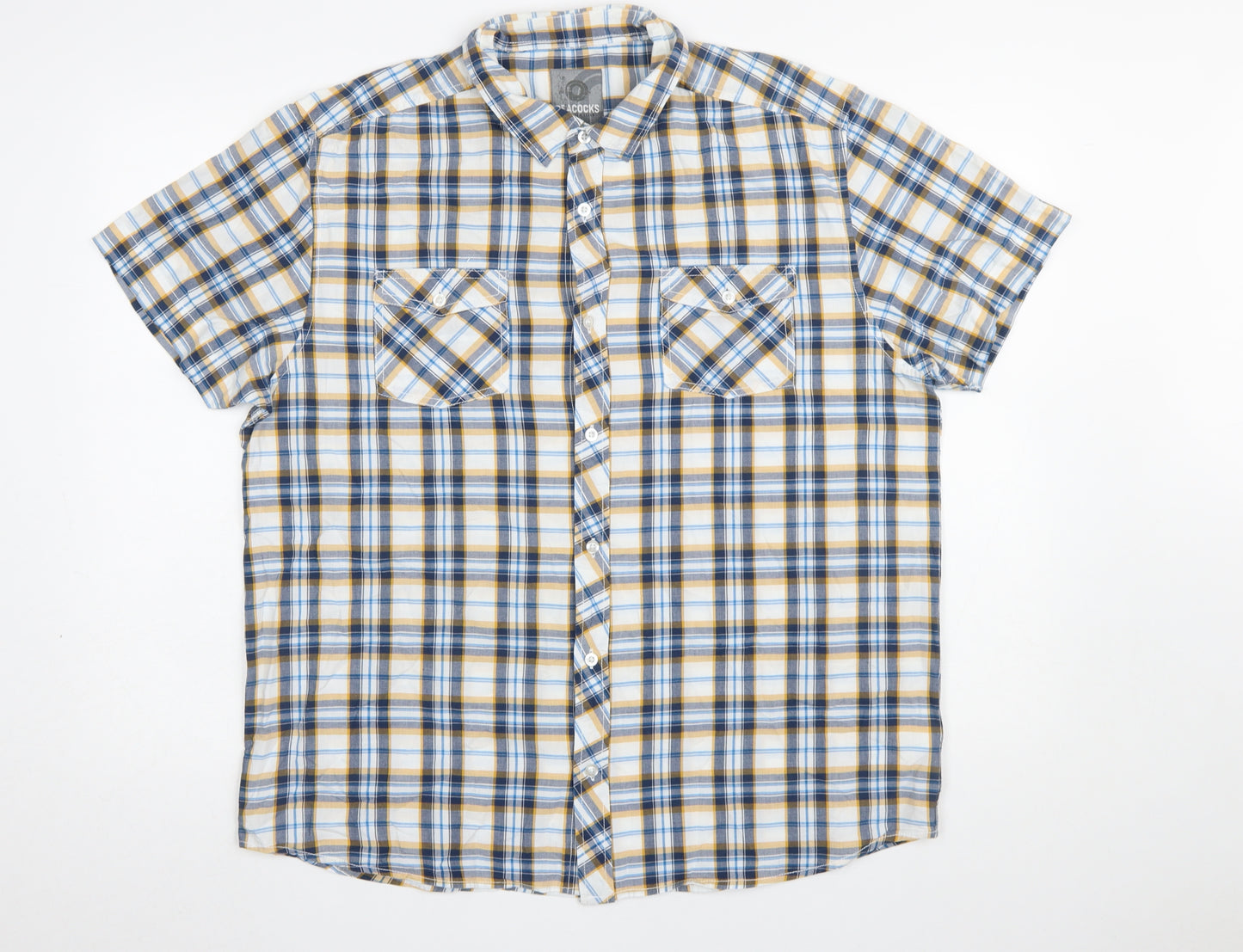 Peacocks Mens Blue Yellow Check Short Sleeve Button-Up Shirt XL