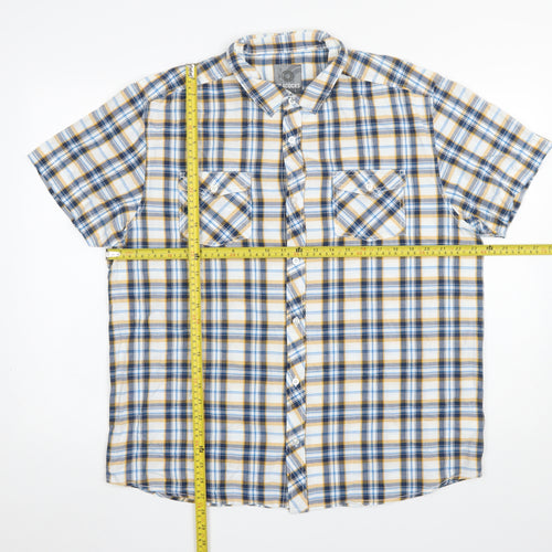 Peacocks Mens Blue Yellow Check Short Sleeve Button-Up Shirt XL