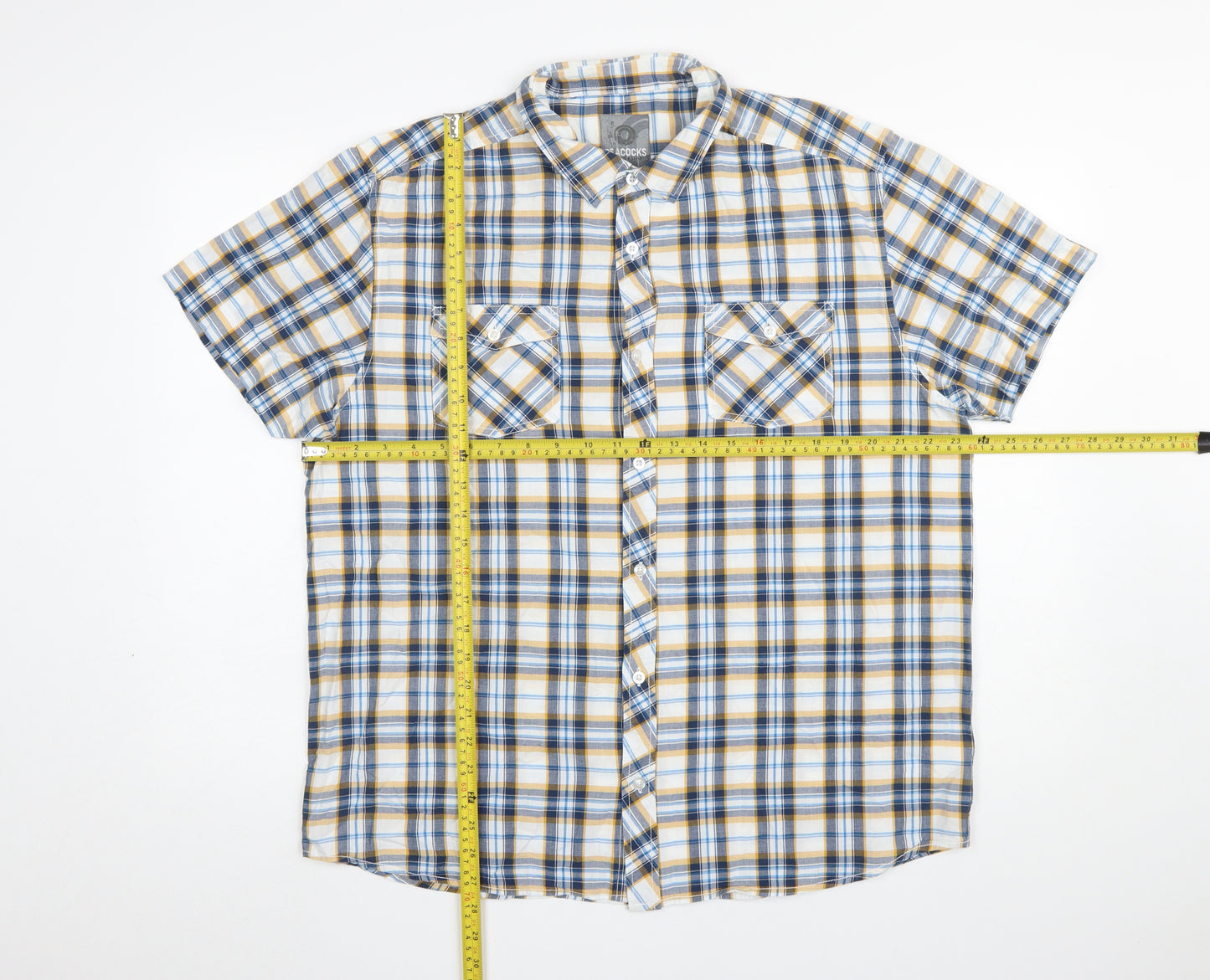 Peacocks Mens Blue Yellow Check Short Sleeve Button-Up Shirt XL