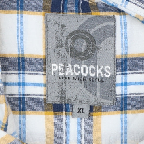 Peacocks Mens Blue Yellow Check Short Sleeve Button-Up Shirt XL