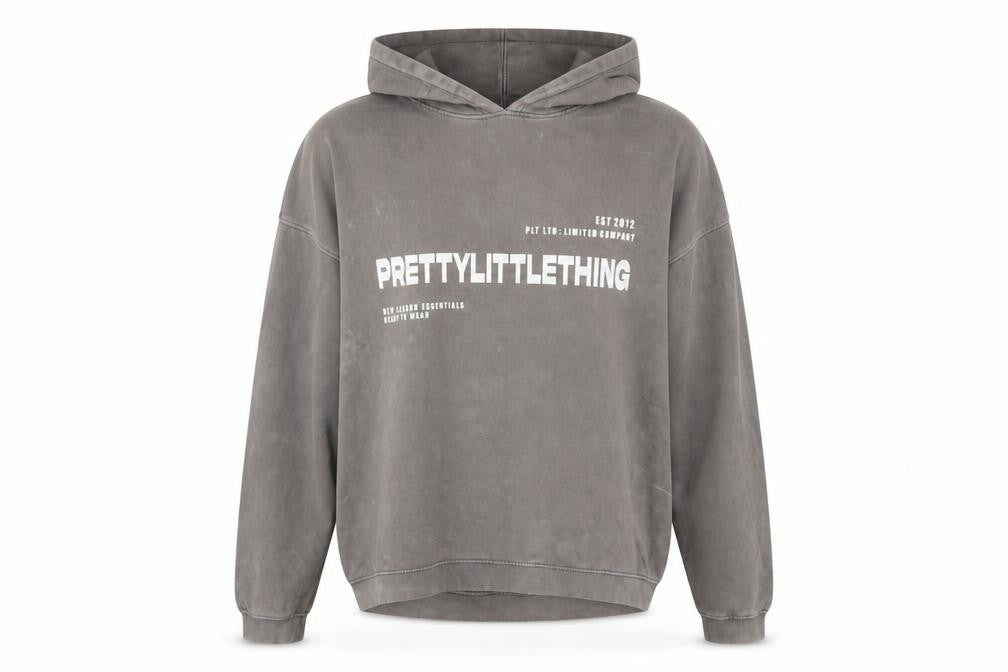 Front view of PRETTYLITTLETHING Women’s Grey Pullover Hoodie L Logo Print Casual