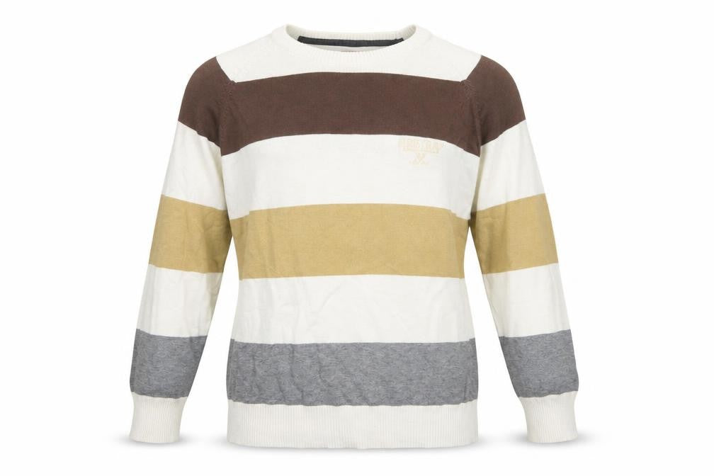 Front view of Firetrap Men's Multicoloured Striped Cotton Jumper, size L, Crew Neck