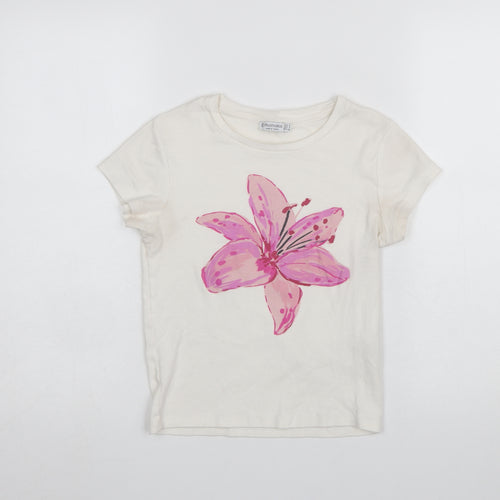 Stradivarius Women Ivory Floral Cotton Short Sleeve T-Shirt Size 8