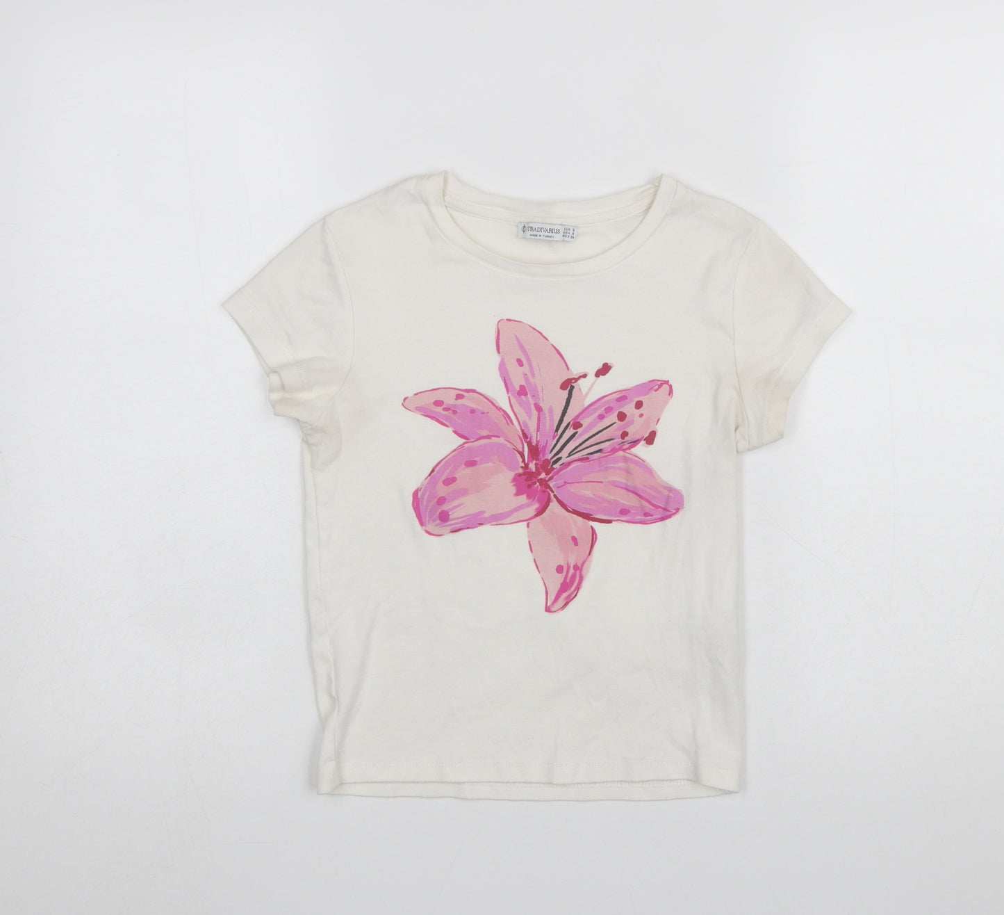Stradivarius Women Ivory Floral Cotton Short Sleeve T-Shirt Size 8