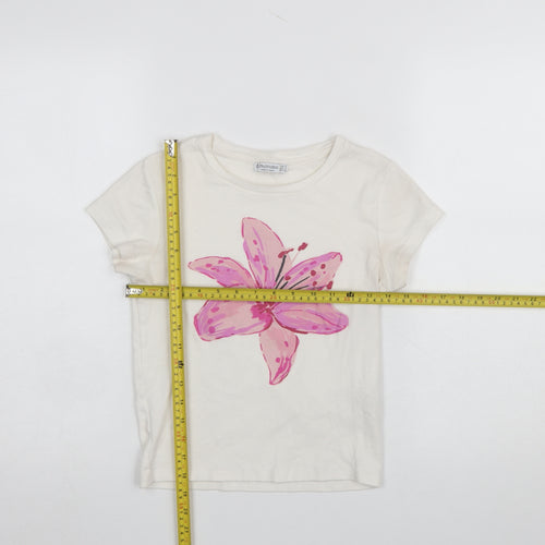 Stradivarius Women Ivory Floral Cotton Short Sleeve T-Shirt Size 8