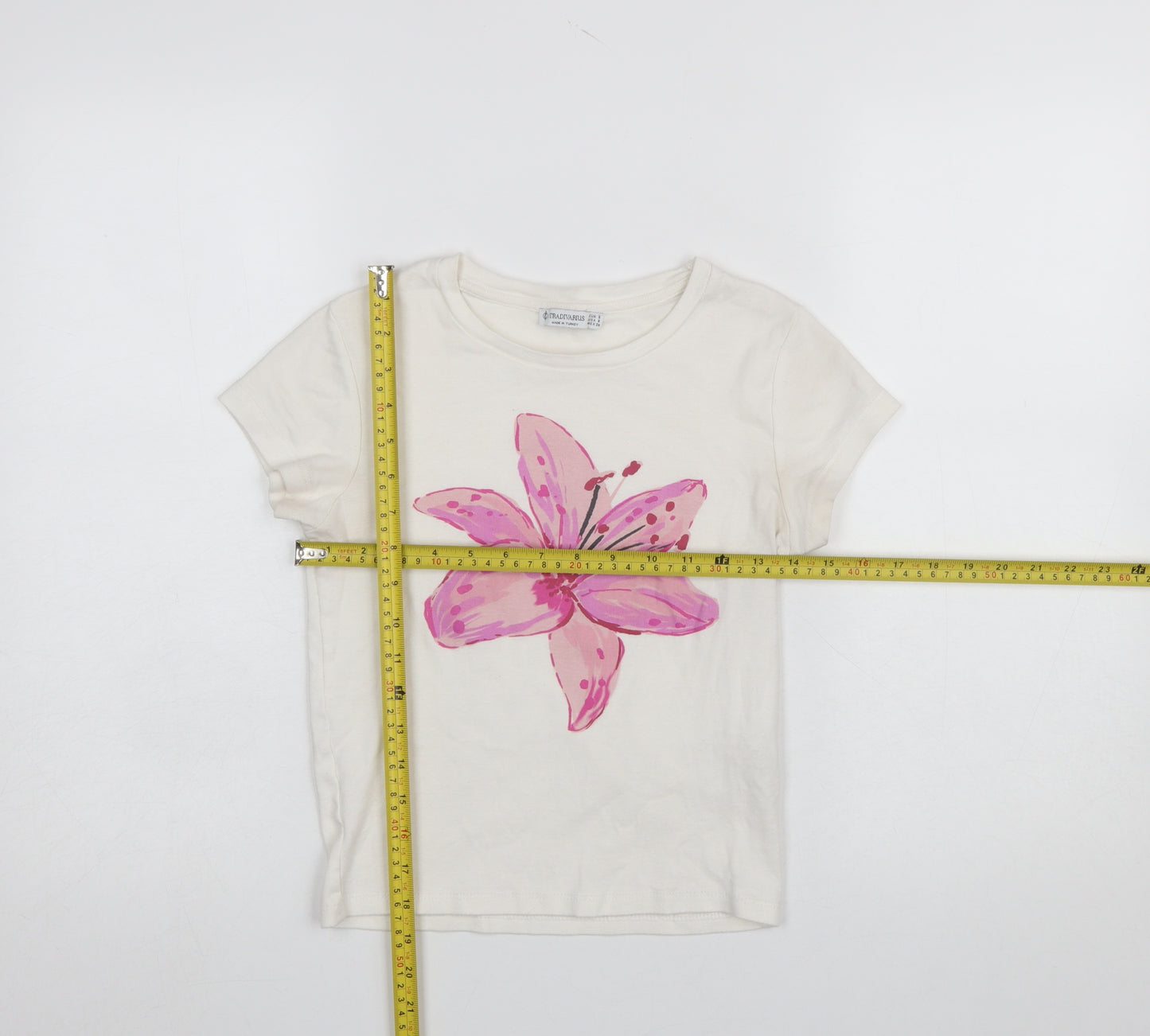 Stradivarius Women Ivory Floral Cotton Short Sleeve T-Shirt Size 8