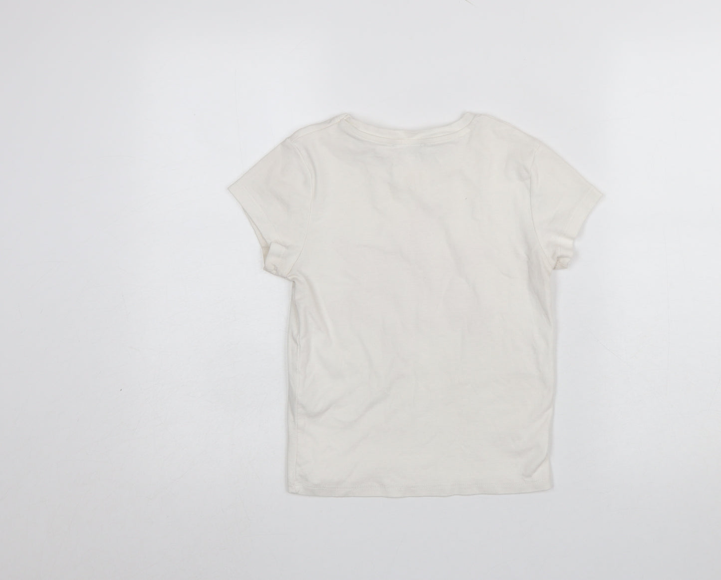 Stradivarius Women Ivory Floral Cotton Short Sleeve T-Shirt Size 8