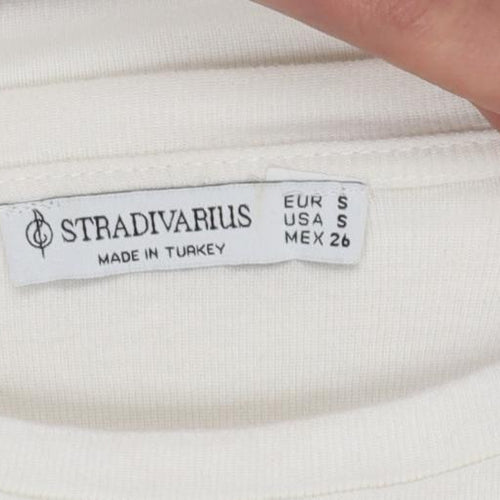 Stradivarius Women Ivory Floral Cotton Short Sleeve T-Shirt Size 8