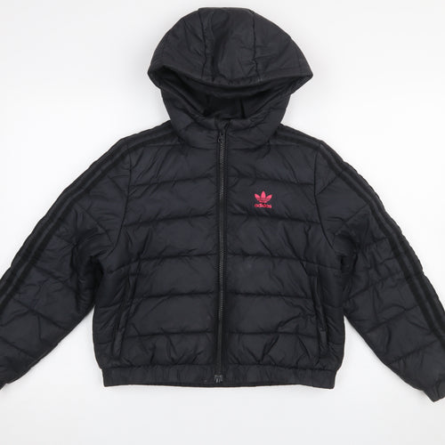 Adidas Girls Black Hooded Puffer Jacket 9-10 Years Quilted Full Zip