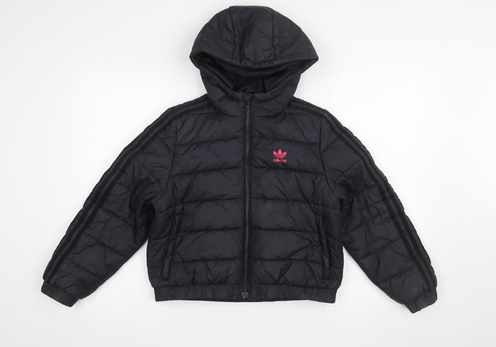 Adidas Girls Black Hooded Puffer Jacket 9-10 Years Quilted Full Zip