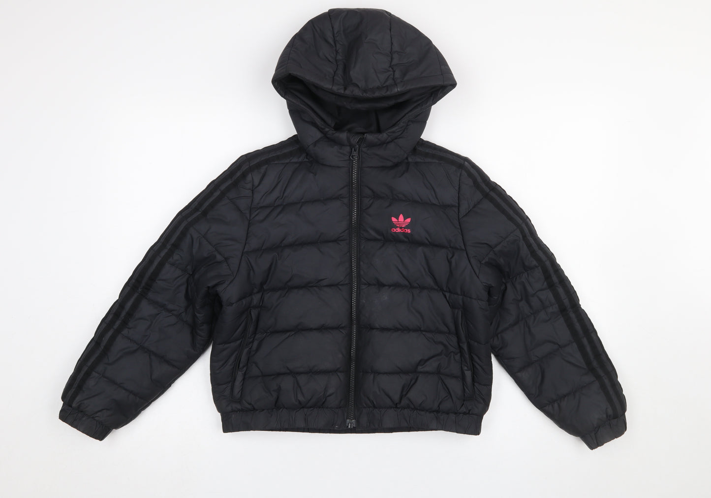 Adidas Girls Black Hooded Puffer Jacket 9-10 Years Quilted Full Zip