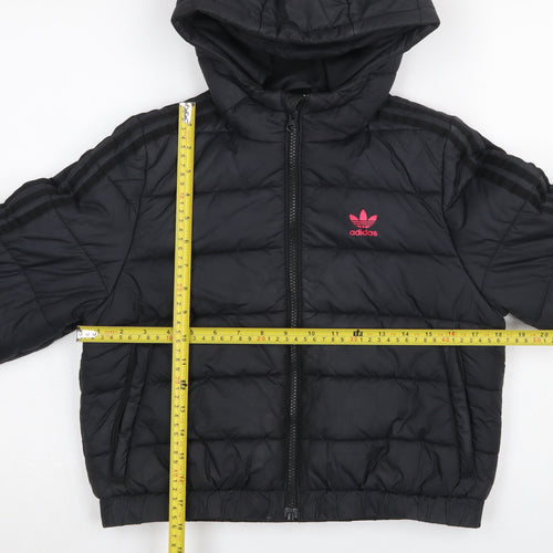Adidas Girls Black Hooded Puffer Jacket 9-10 Years Quilted Full Zip