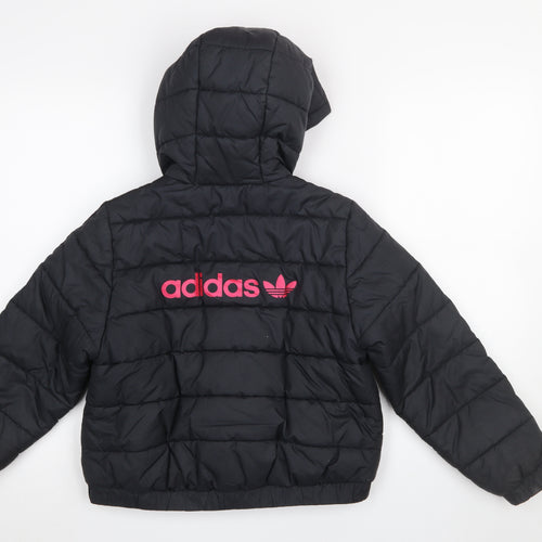 Adidas Girls Black Hooded Puffer Jacket 9-10 Years Quilted Full Zip
