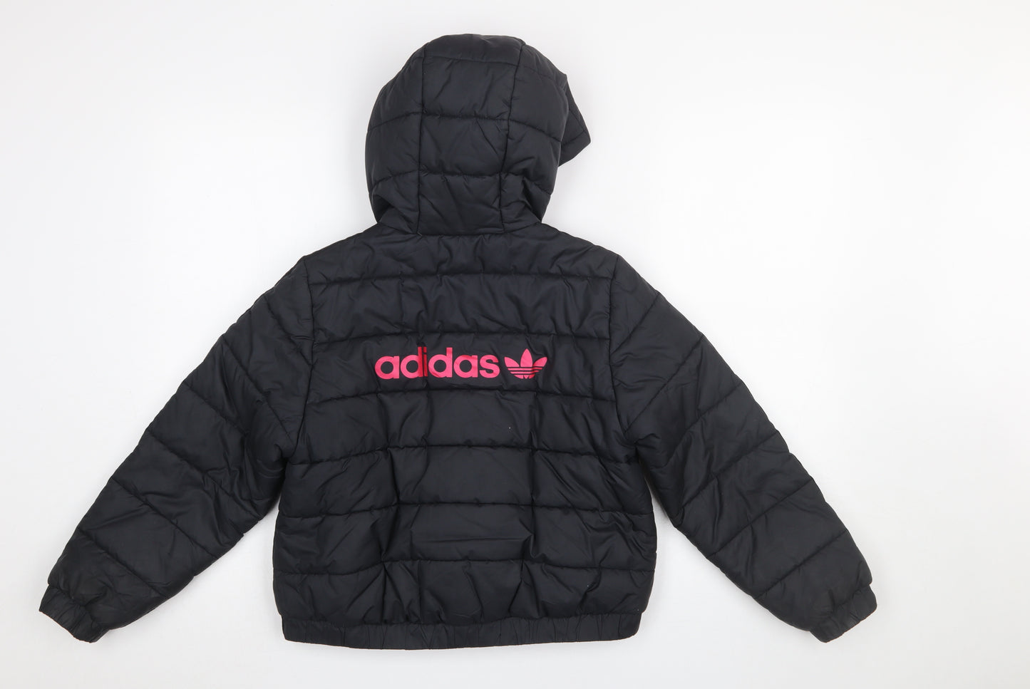 Adidas Girls Black Hooded Puffer Jacket 9-10 Years Quilted Full Zip