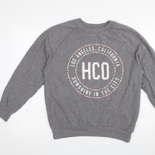 Hollister Women Grey Small Crew Neck Pullover Sweatshirt HCO Print