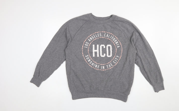 Hollister Women Grey Small Crew Neck Pullover Sweatshirt HCO Print
