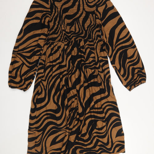 Menglu Women Brown Black Animal Print A-Line Long Sleeve Dress M