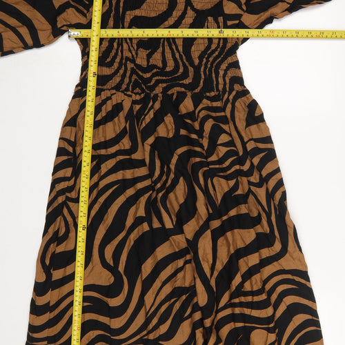 Menglu Women Brown Black Animal Print A-Line Long Sleeve Dress M