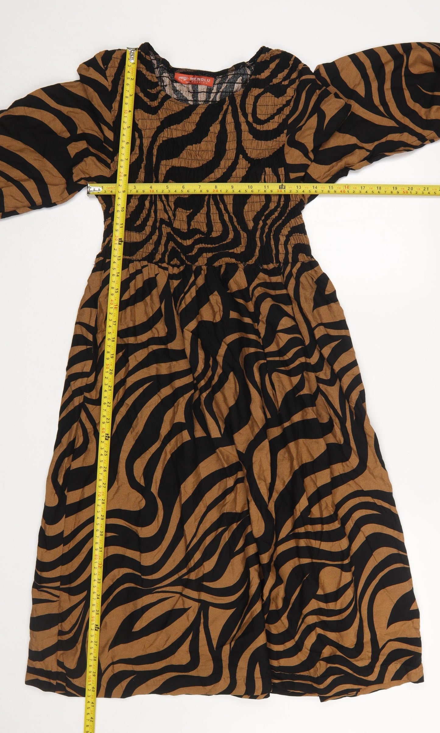 Menglu Women Brown Black Animal Print A-Line Long Sleeve Dress M