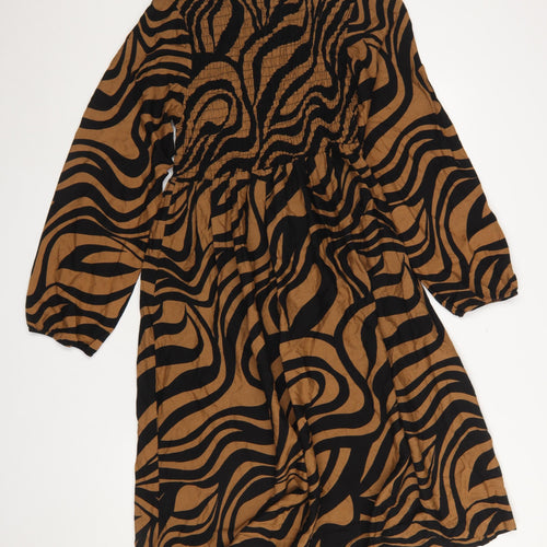 Menglu Women Brown Black Animal Print A-Line Long Sleeve Dress M