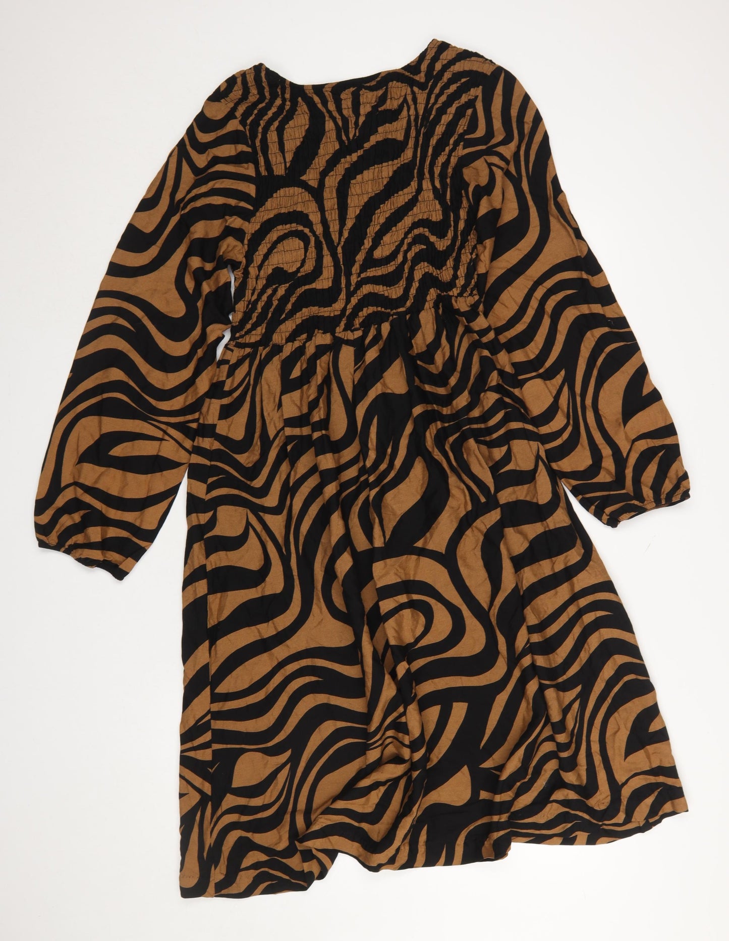 Menglu Women Brown Black Animal Print A-Line Long Sleeve Dress M