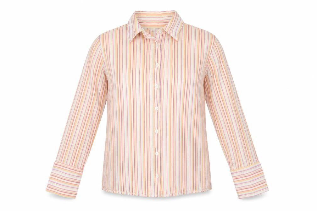 Front view of A|Wear Women's Multicoloured Striped Cotton Blend Button-Up Shirt, size 12