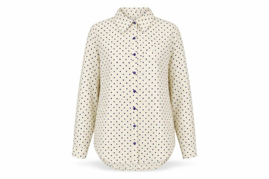 Front view of Compañia Fantastica Women's Ivory Polka Dot Button-Up Shirt, size S
