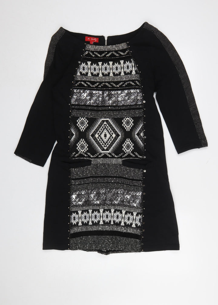 René Derhy Women's Black Geometric Shift Dress Size S 3/4 Sleeve