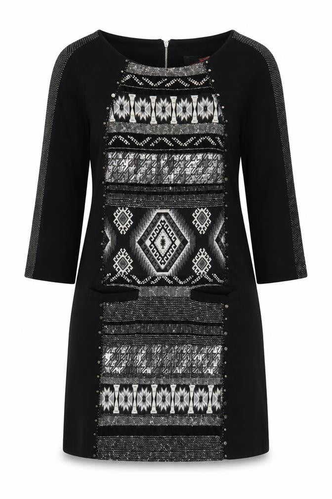 Front view of René Derhy Women's Black Geometric Shift Dress, size S, 3/4 Sleeve