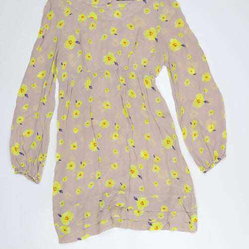 Oasis Women's Beige Yellow Floral Shift Dress Size 10 Long Sleeve