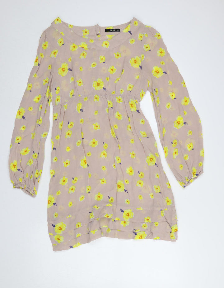 Oasis Women's Beige Yellow Floral Shift Dress Size 10 Long Sleeve