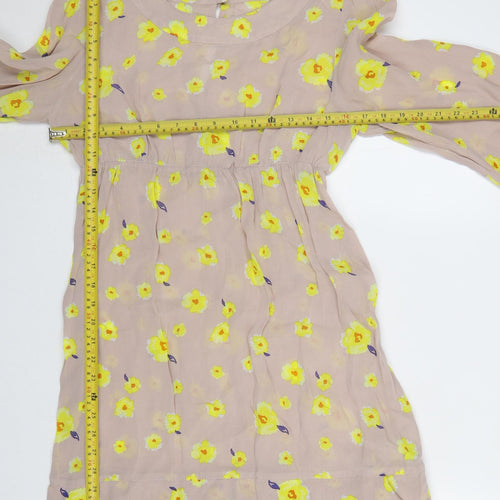 Oasis Women's Beige Yellow Floral Shift Dress Size 10 Long Sleeve