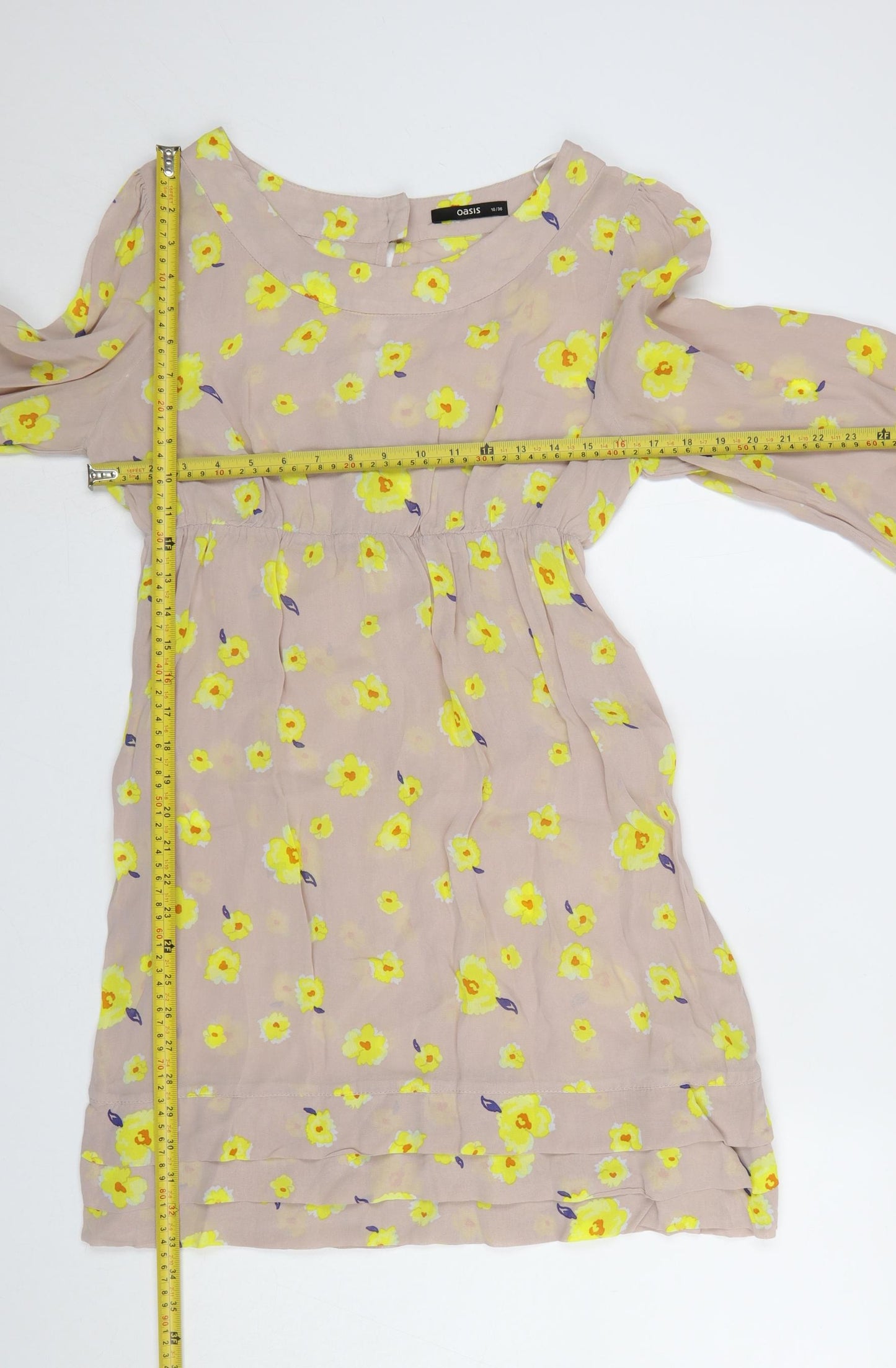 Oasis Women's Beige Yellow Floral Shift Dress Size 10 Long Sleeve