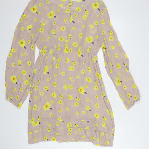 Oasis Women's Beige Yellow Floral Shift Dress Size 10 Long Sleeve
