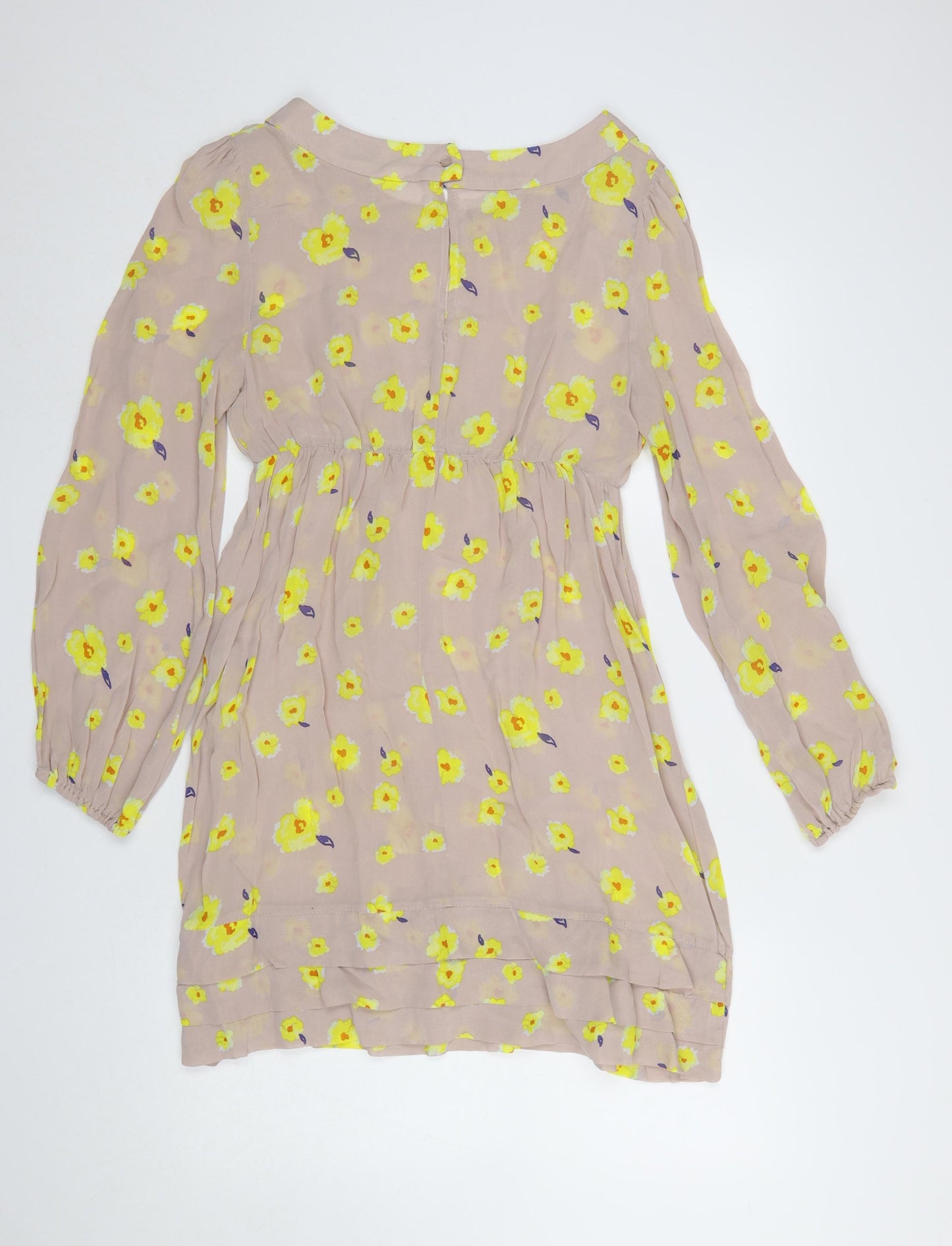Oasis Women's Beige Yellow Floral Shift Dress Size 10 Long Sleeve