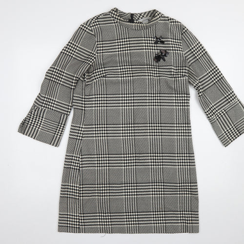 H&M Women Black Check Shift Dress Size 10 3/4 Sleeve Workwear