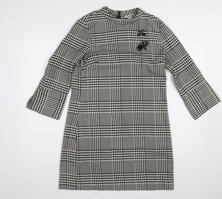 H&M Women Black Check Shift Dress Size 10 3/4 Sleeve Workwear