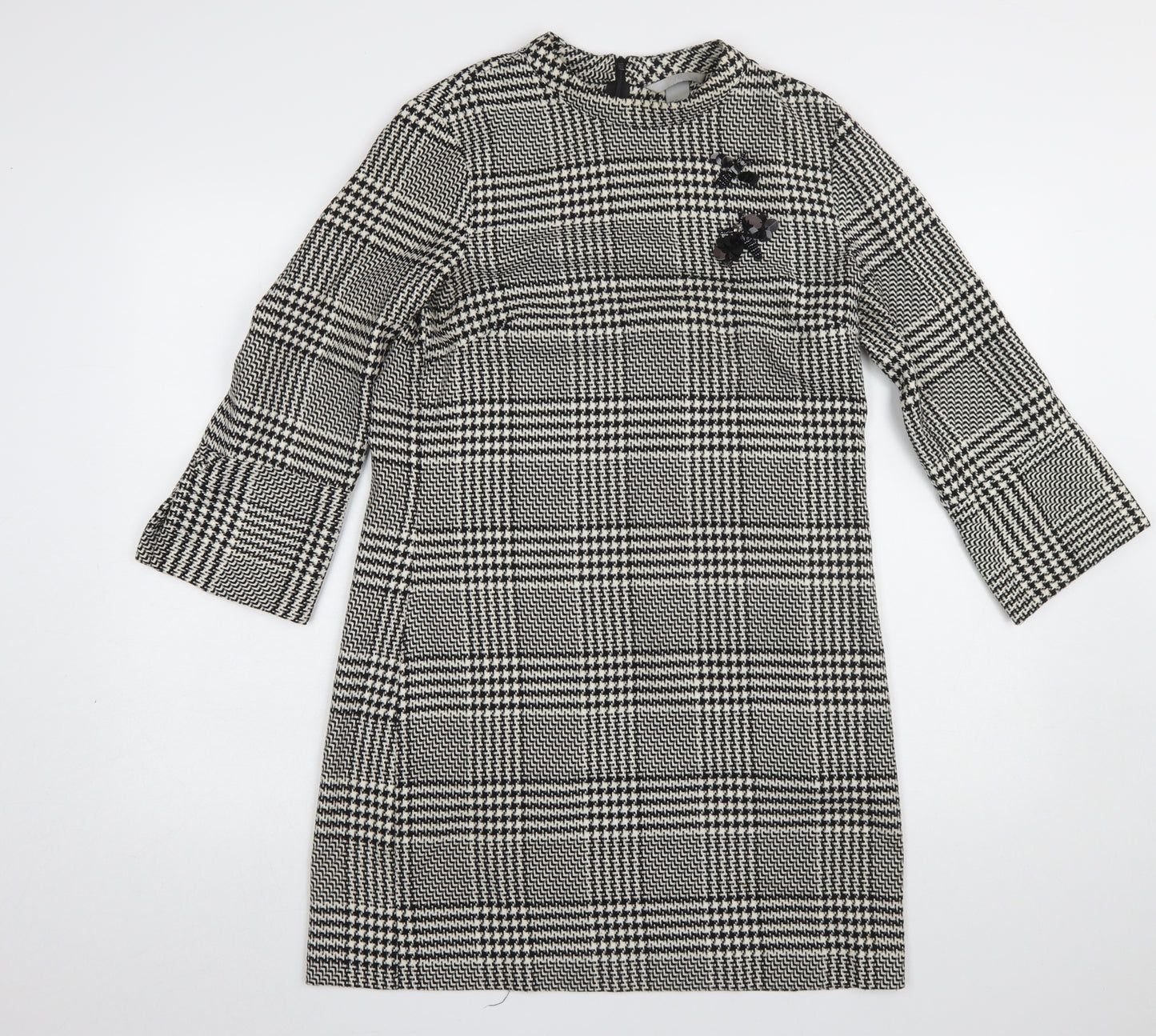 H&M Women Black Check Shift Dress Size 10 3/4 Sleeve Workwear