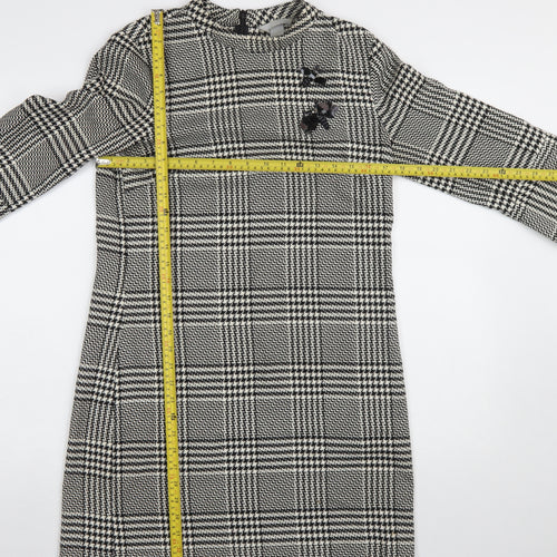 H&M Women Black Check Shift Dress Size 10 3/4 Sleeve Workwear