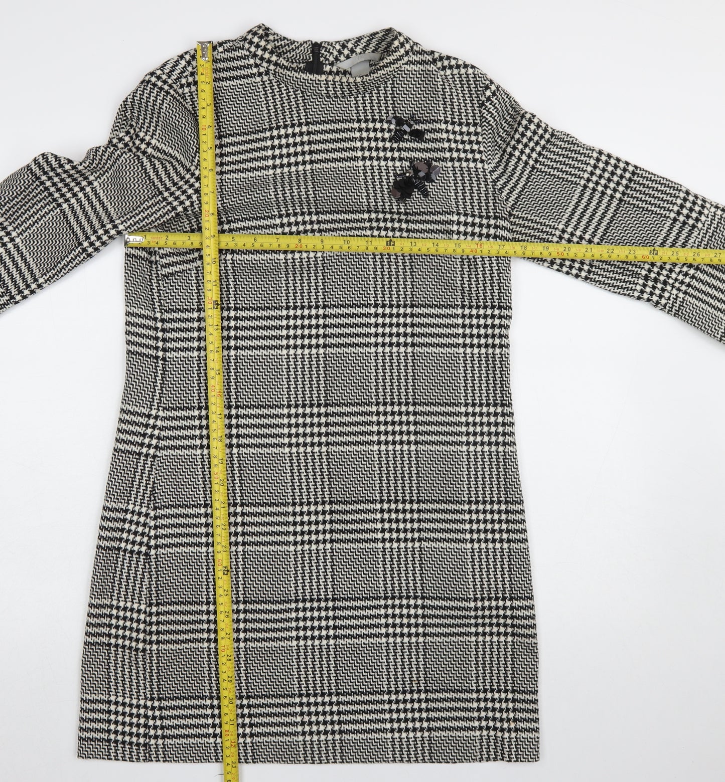 H&M Women Black Check Shift Dress Size 10 3/4 Sleeve Workwear