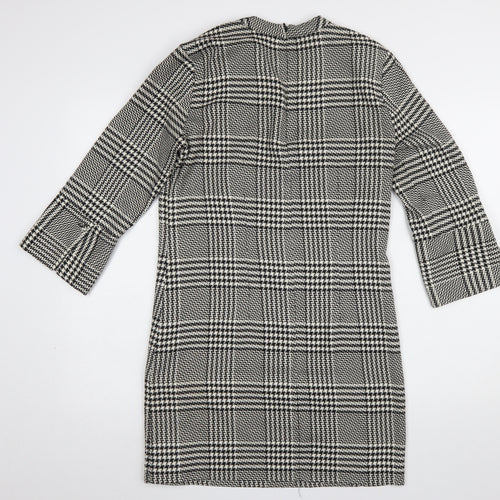 H&M Women Black Check Shift Dress Size 10 3/4 Sleeve Workwear