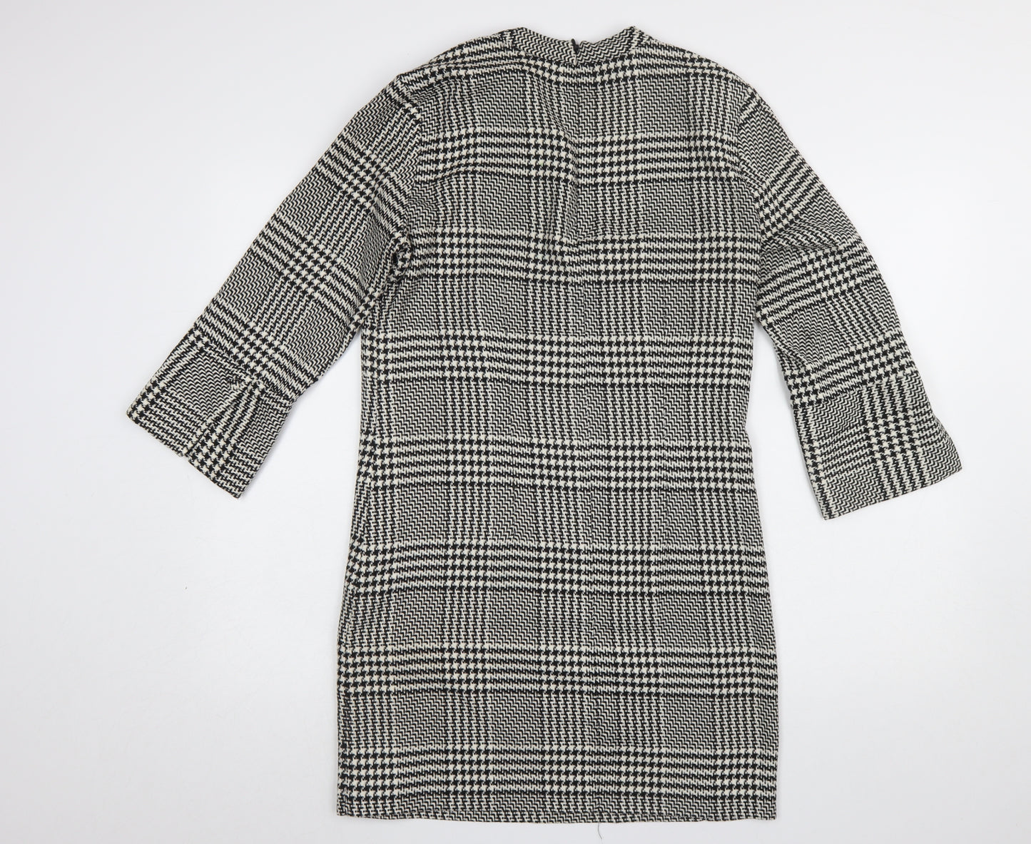 H&M Women Black Check Shift Dress Size 10 3/4 Sleeve Workwear